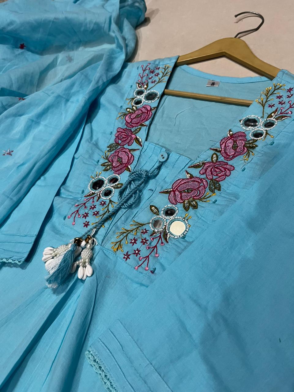 Abstract Summer Cotton A-Line Kurta Set with Embroidery & Mirror Work