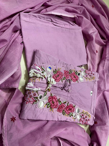 Abstract Summer Cotton A-Line Kurta Set with Embroidery & Mirror Work