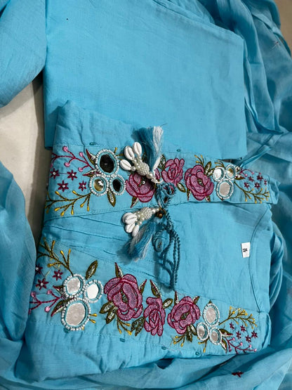 Abstract Summer Cotton A-Line Kurta Set with Embroidery & Mirror Work