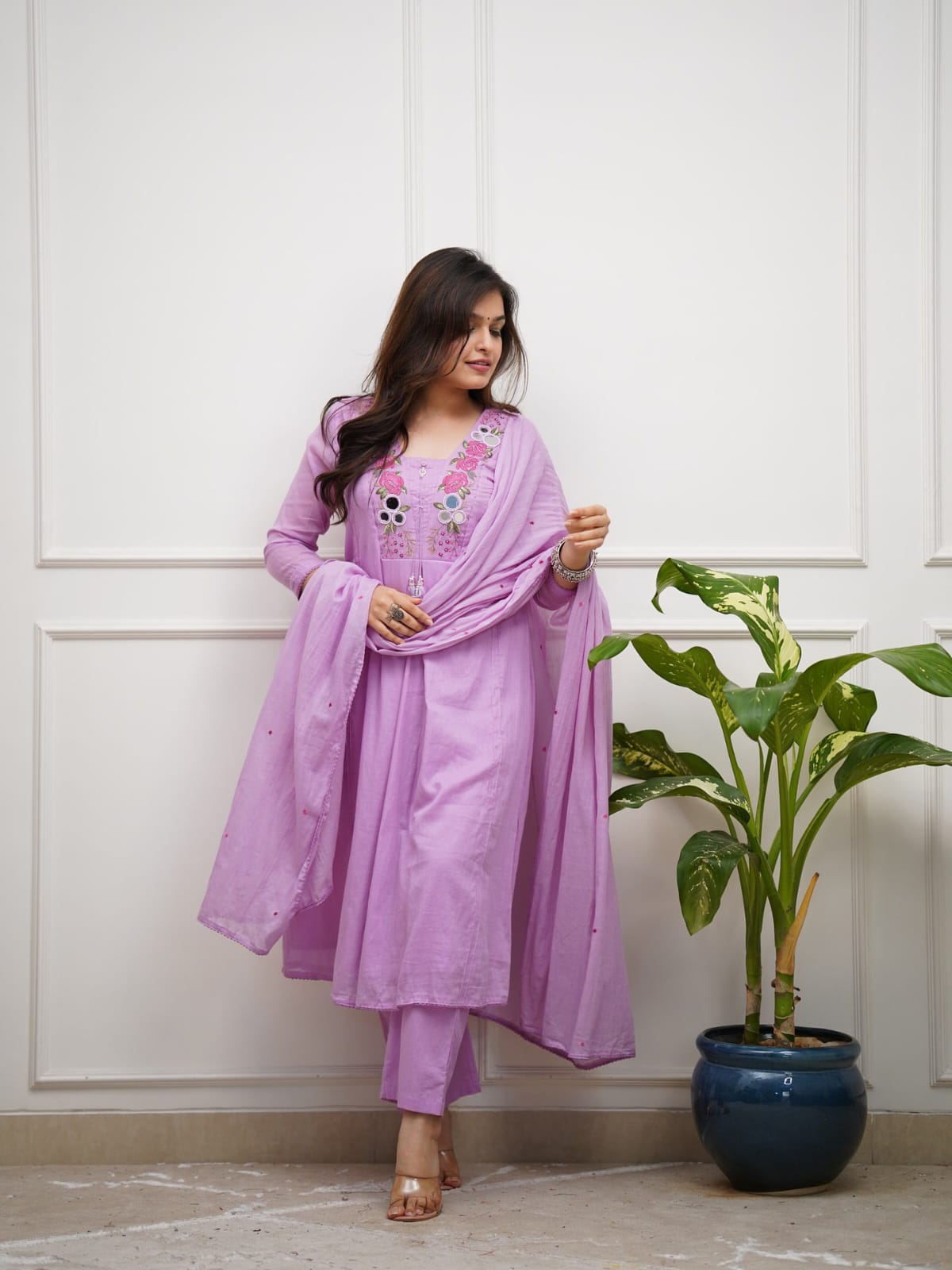 Abstract Summer Cotton A-Line Kurta Set with Embroidery & Mirror Work