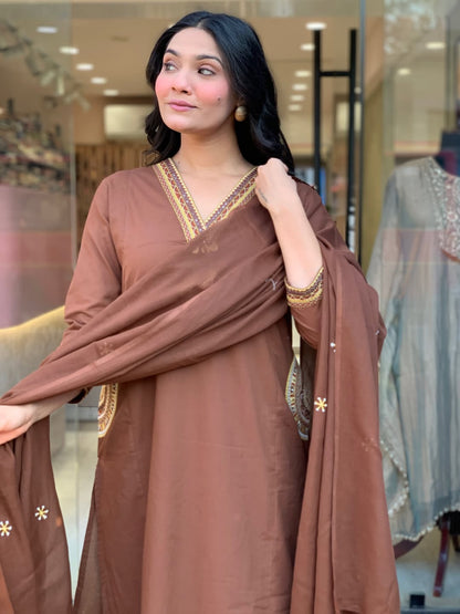 Premium Heavy Dabu Cotton A-Line Suit Set with Embroidery