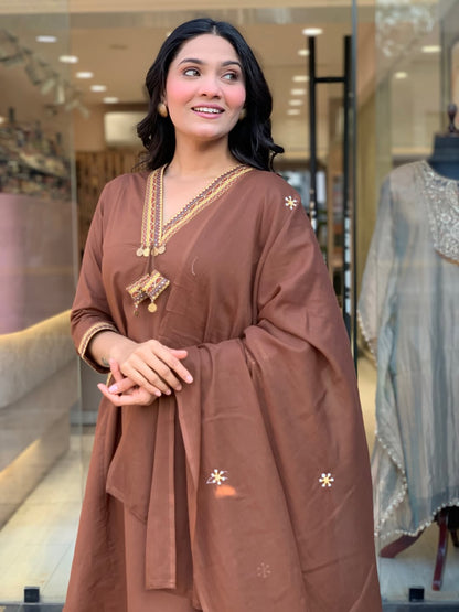 Premium Heavy Dabu Cotton A-Line Suit Set with Embroidery