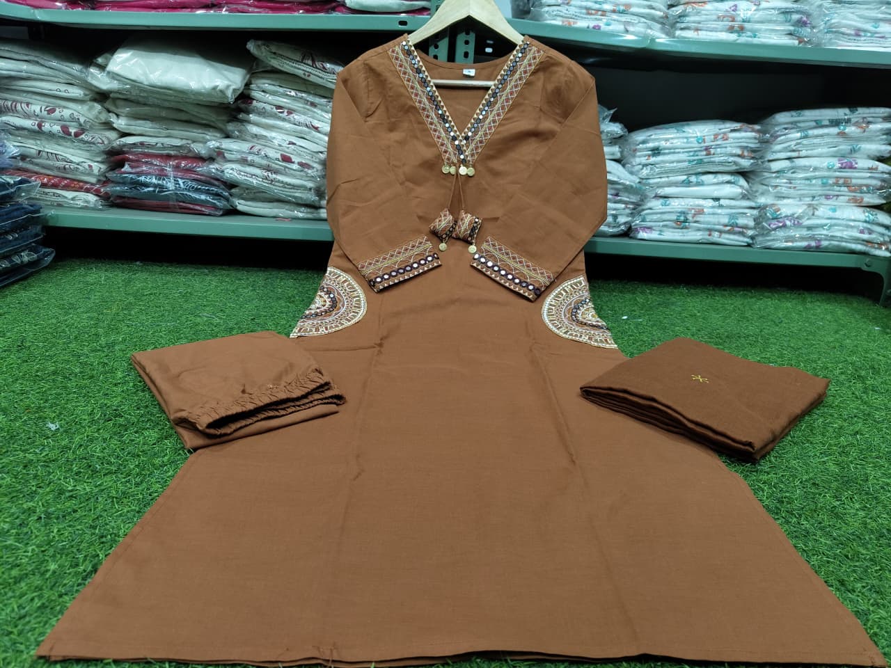 Premium Heavy Dabu Cotton A-Line Suit Set with Embroidery