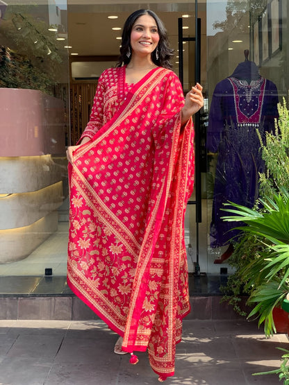 Heavy Pure Cotton Kurti Palazzo Dupatta Set with Lace Work