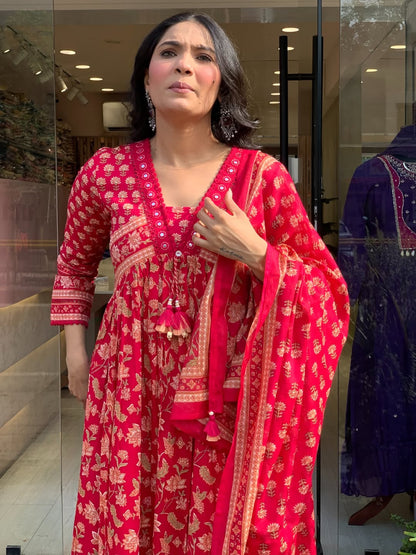 Heavy Pure Cotton Kurti Palazzo Dupatta Set with Lace Work