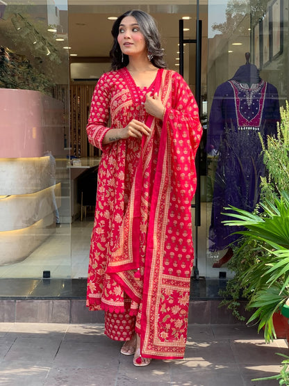 Heavy Pure Cotton Kurti Palazzo Dupatta Set with Lace Work