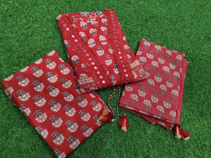 Heavy Pure Cotton Kurti Palazzo Dupatta Set with Lace Work