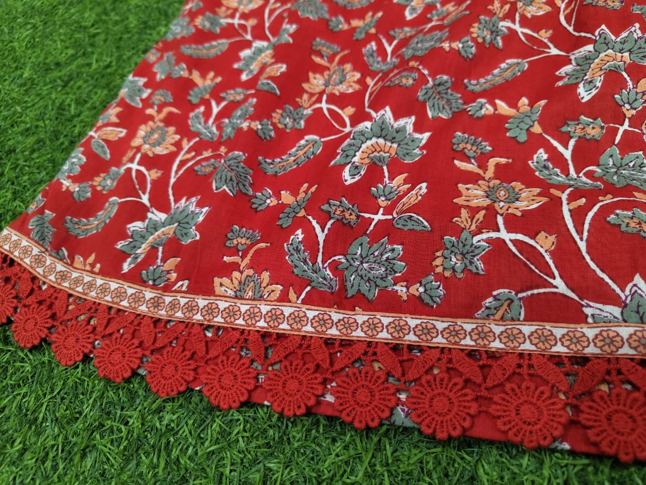 Heavy Pure Cotton Kurti Palazzo Dupatta Set with Lace Work