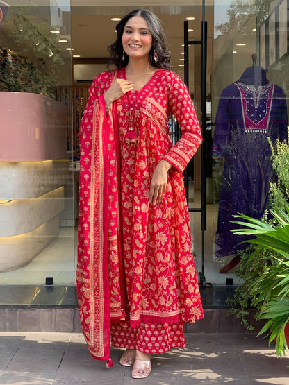 Heavy Pure Cotton Kurti Palazzo Dupatta Set with Lace Work