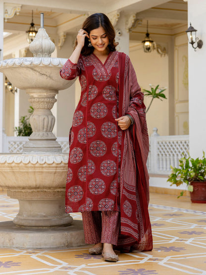 V-Neck Azrak Floral Print Cotton Suit Set