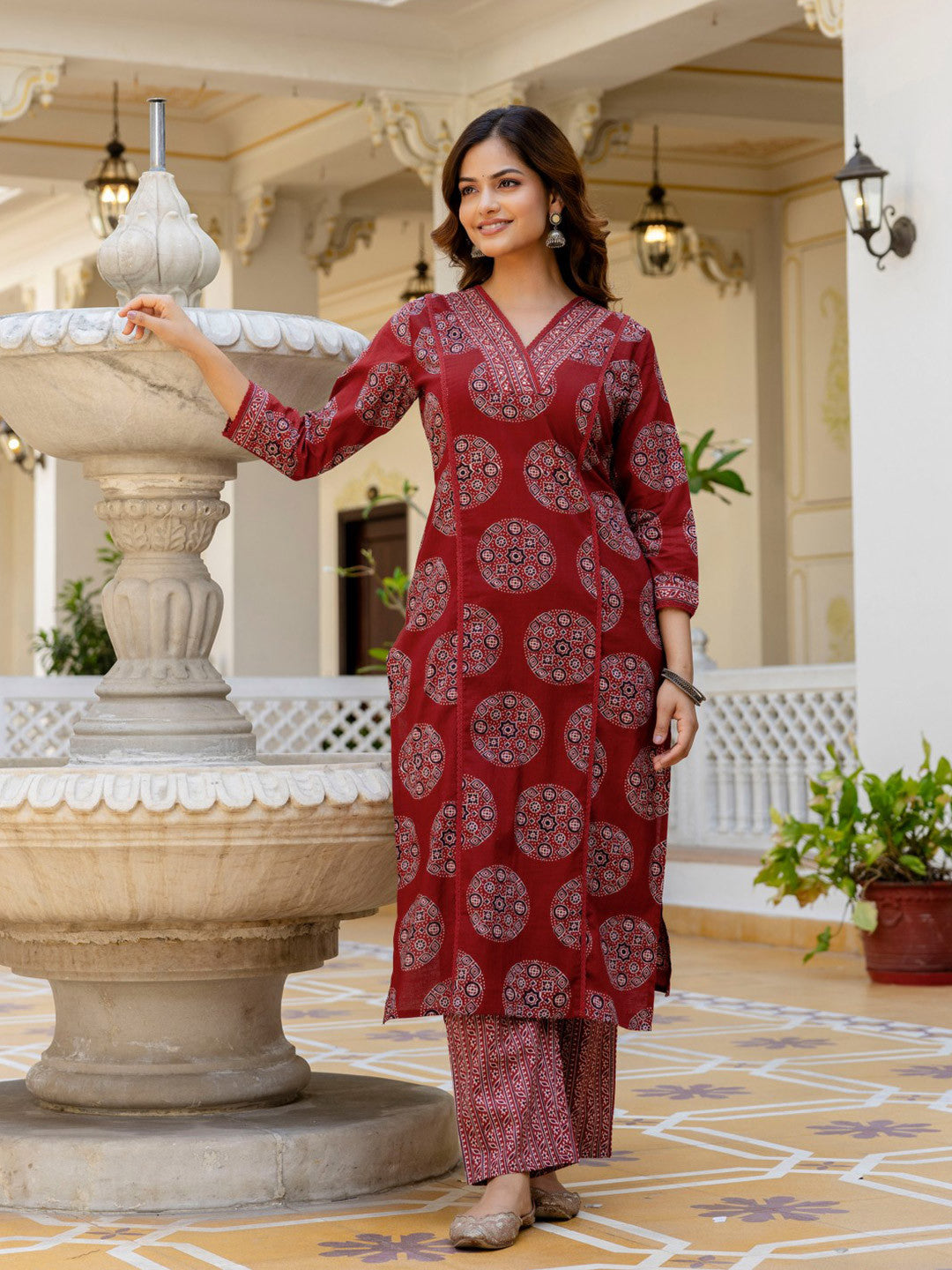 V-Neck Azrak Floral Print Cotton Suit Set