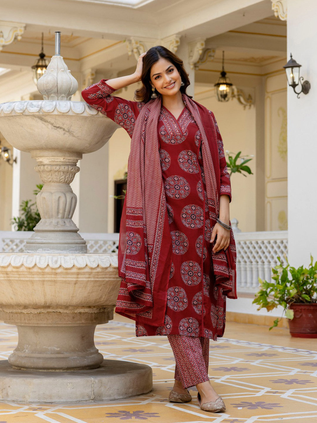 V-Neck Azrak Floral Print Cotton Suit Set