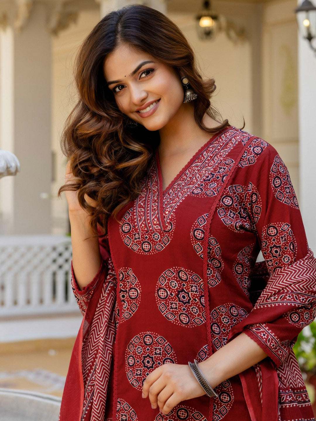 V-Neck Azrak Floral Print Cotton Suit Set