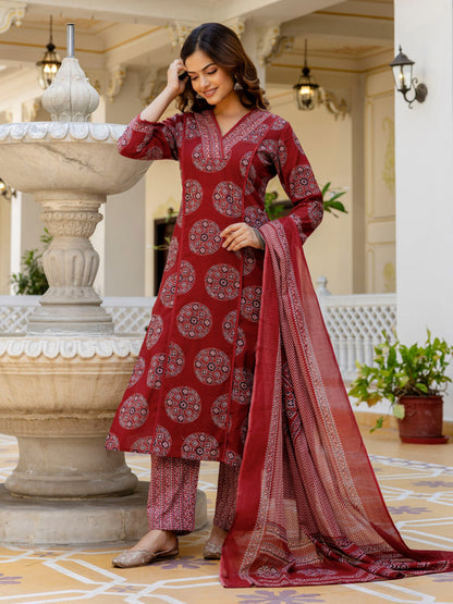 V-Neck Azrak Floral Print Cotton Suit Set