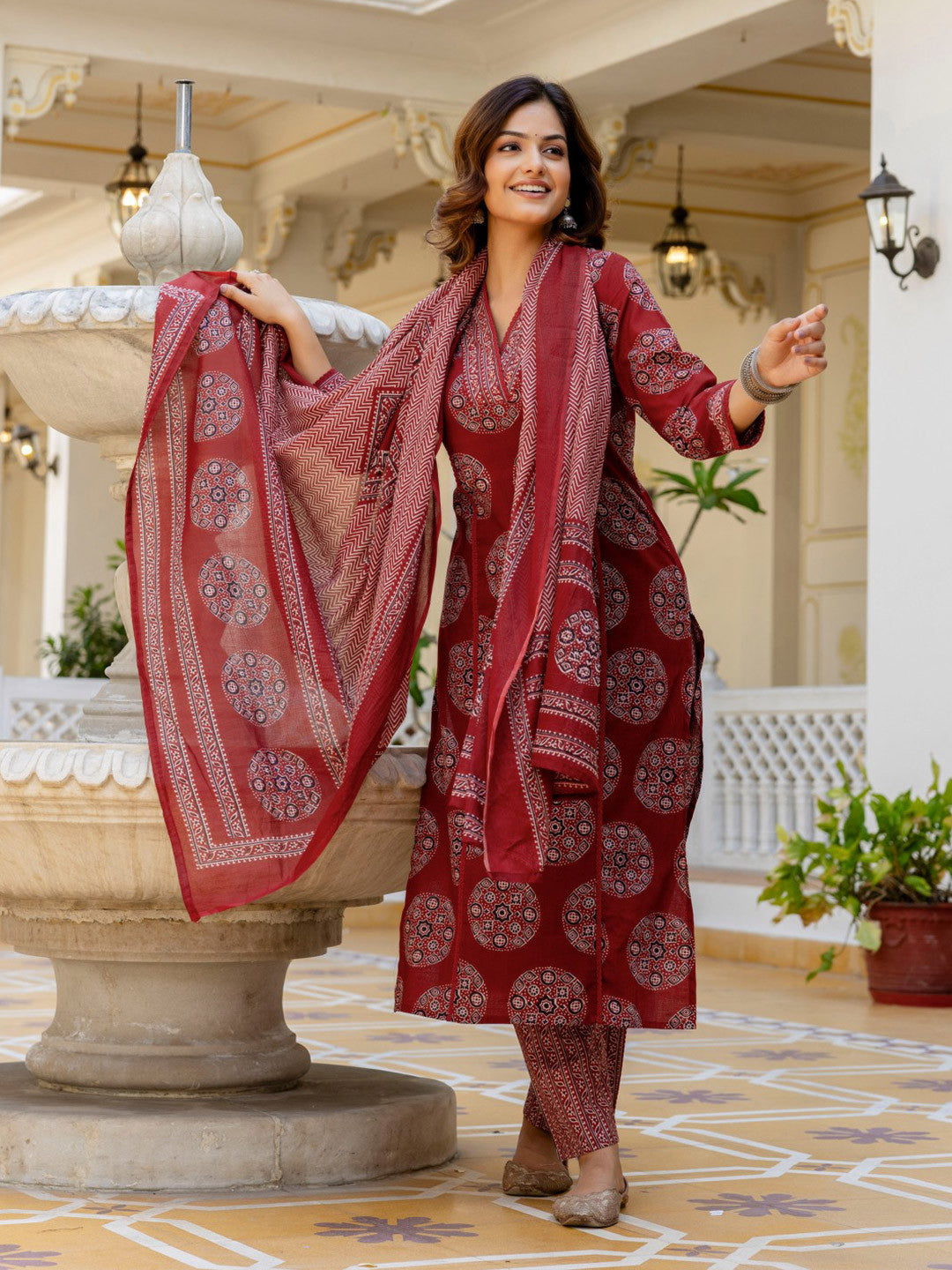 V-Neck Azrak Floral Print Cotton Suit Set