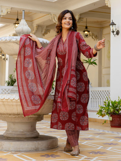 V-Neck Azrak Floral Print Cotton Suit Set