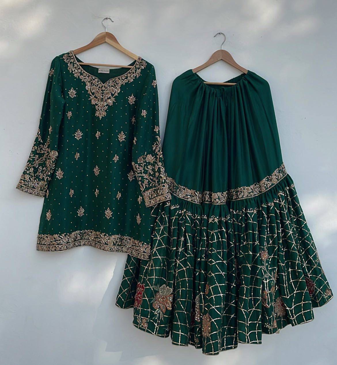 HEAVY CHINON WITH SEQUANCE EMBROIDERY WORK SUIT WITH FULL FLAIR WORK SHARARA AND DUPATTA