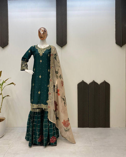 HEAVY CHINON WITH SEQUANCE EMBROIDERY WORK SUIT WITH FULL FLAIR WORK SHARARA AND DUPATTA