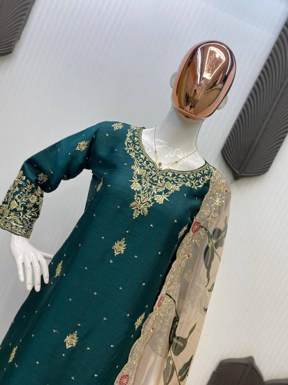 HEAVY CHINON WITH SEQUANCE EMBROIDERY WORK SUIT WITH FULL FLAIR WORK SHARARA AND DUPATTA