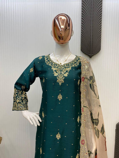 HEAVY CHINON WITH SEQUANCE EMBROIDERY WORK SUIT WITH FULL FLAIR WORK SHARARA AND DUPATTA