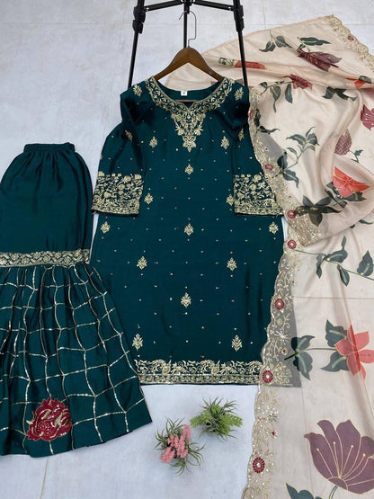 HEAVY CHINON WITH SEQUANCE EMBROIDERY WORK SUIT WITH FULL FLAIR WORK SHARARA AND DUPATTA