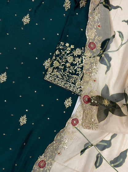 HEAVY CHINON WITH SEQUANCE EMBROIDERY WORK SUIT WITH FULL FLAIR WORK SHARARA AND DUPATTA