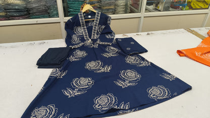 Blue Coloured Discharge Print Cotton Kurta Set