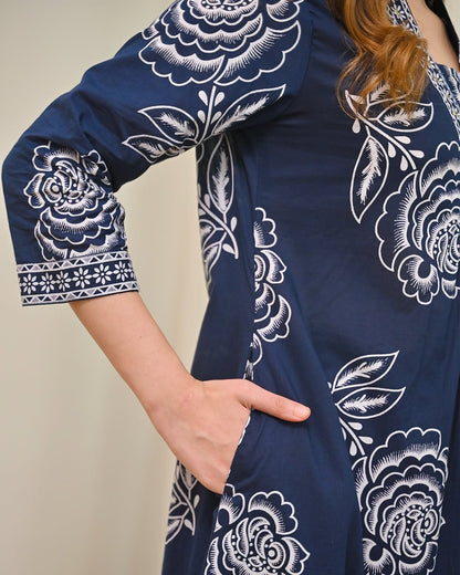 Blue Coloured Discharge Print Cotton Kurta Set