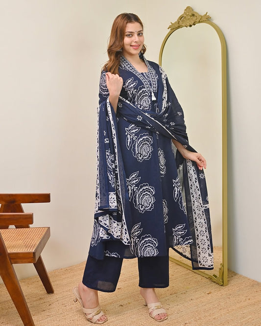 Blue Coloured Discharge Print Cotton Kurta Set