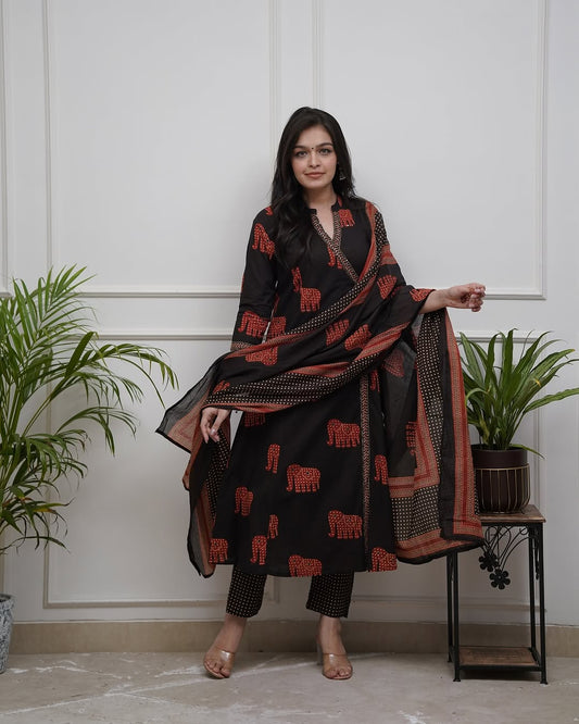 Beautiful Black Traditional Cotton Kurta Set