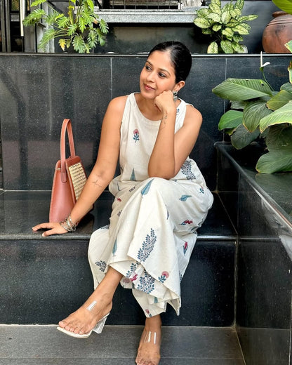 Floral Printed Cotton Halter Neck Kurta Palazzo Set