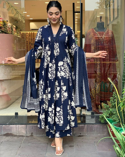Petrol Blue Printed Cotton Anarkali Suit with Mulmul Dupatta