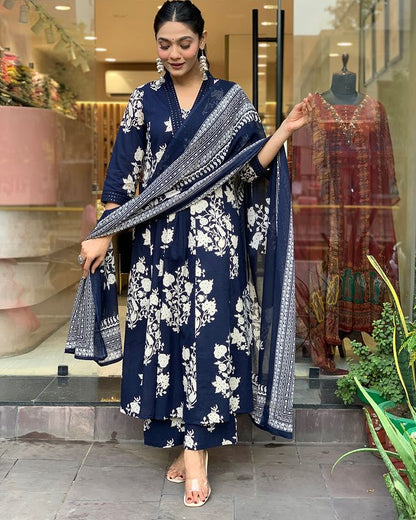 Petrol Blue Printed Cotton Anarkali Suit with Mulmul Dupatta
