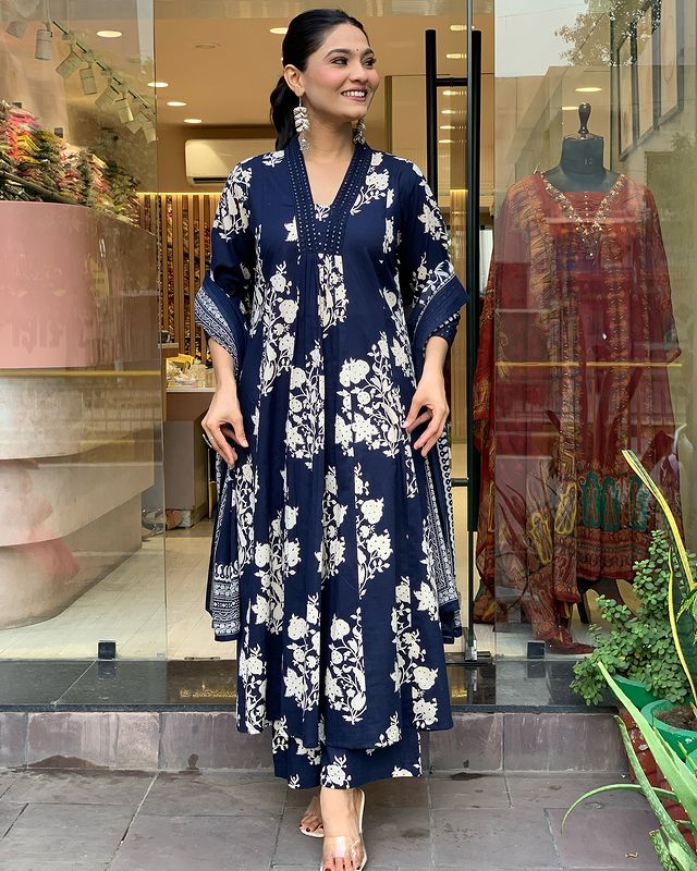 Petrol Blue Printed Cotton Anarkali Suit with Mulmul Dupatta