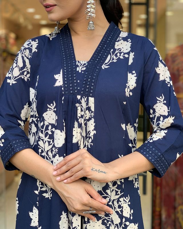 Petrol Blue Printed Cotton Anarkali Suit with Mulmul Dupatta
