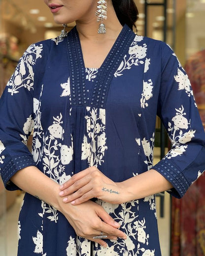 Petrol Blue Printed Cotton Anarkali Suit with Mulmul Dupatta