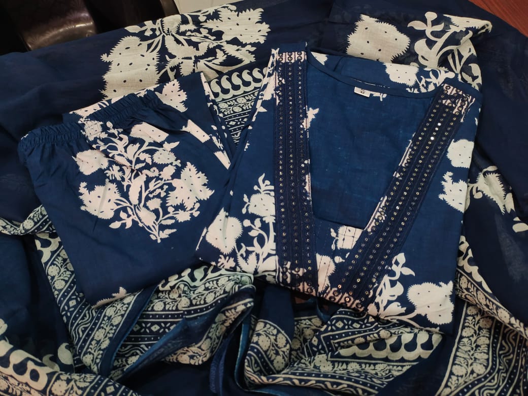 Petrol Blue Printed Cotton Anarkali Suit with Mulmul Dupatta