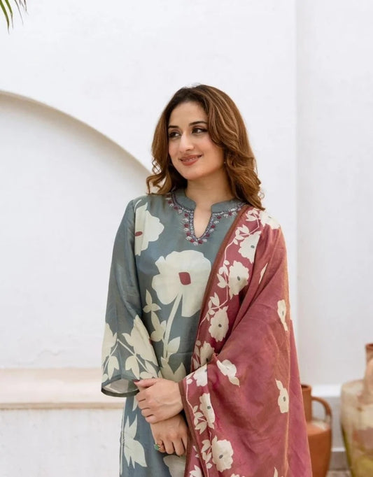 Pure Cotton Kurti & Pant With Mulmul Dupatt
