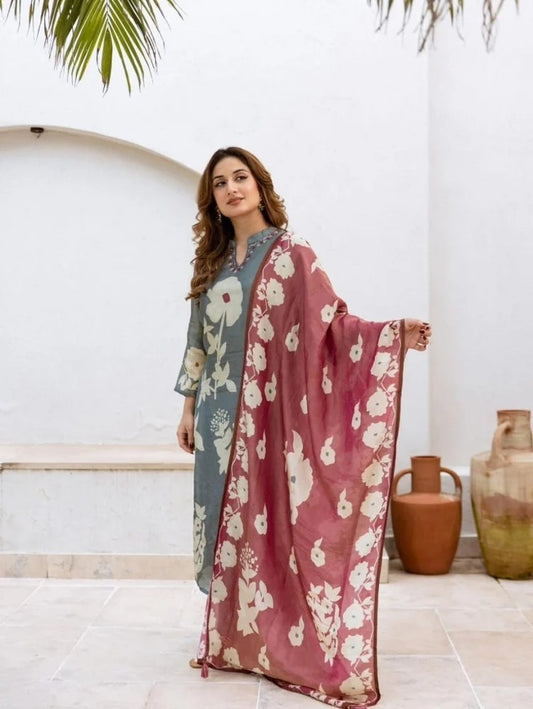 Pure Cotton Kurti & Pant With Mulmul Dupatt