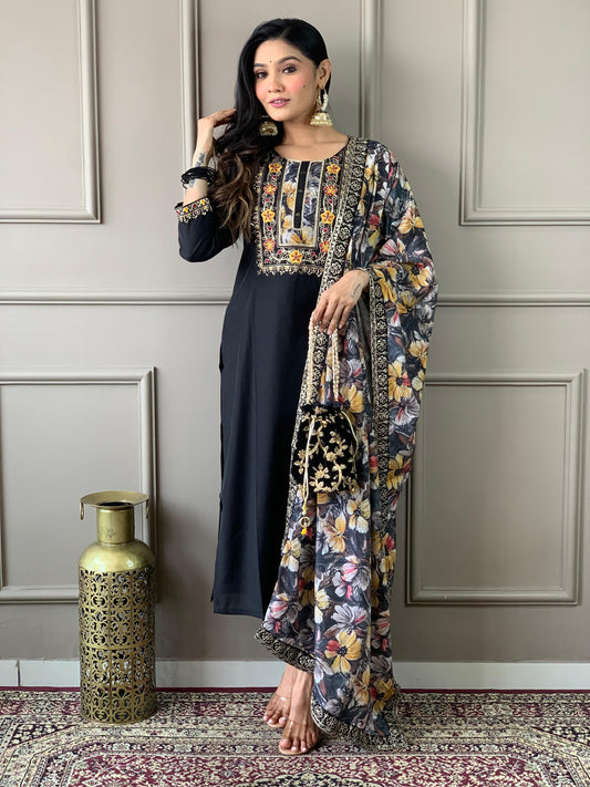 Admirable Black Viscose Chanderi Suit Set