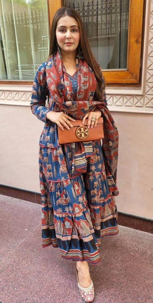 Blue Abstract Print Cotton Anarkali Kurta Set