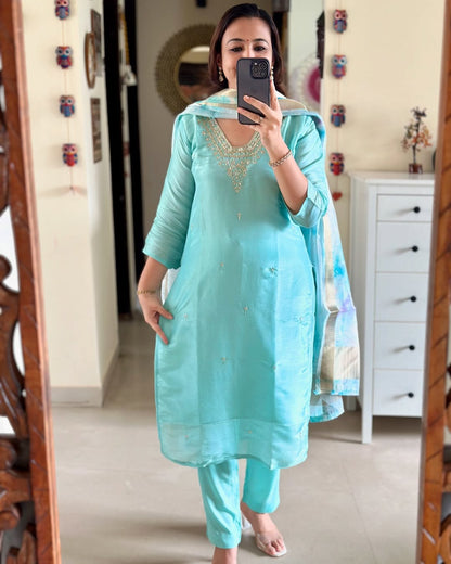 Pure Sky Blue Modal Silk Kurti Set