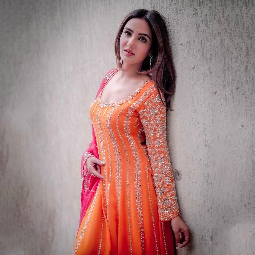 Shivali- Orange Sequence Embroidered Heavy Georgette Gown with Plazzo & Dupatta
