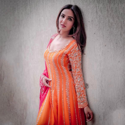 Shivali- Orange Sequence Embroidered Heavy Georgette Gown with Plazzo & Dupatta