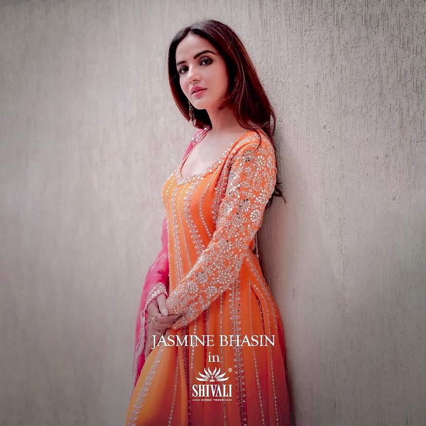 Shivali- Orange Sequence Embroidered Heavy Georgette Gown with Plazzo & Dupatta