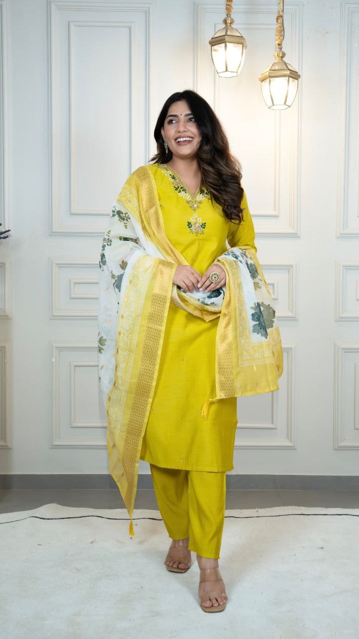 Elegant Parrot Green Roman Silk Suit Set