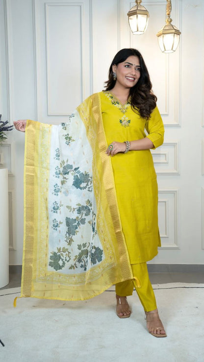Elegant Parrot Green Roman Silk Suit Set