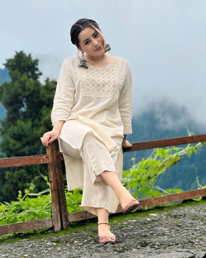 Beautiful Embroidered Khadi Cotton Kurta Set