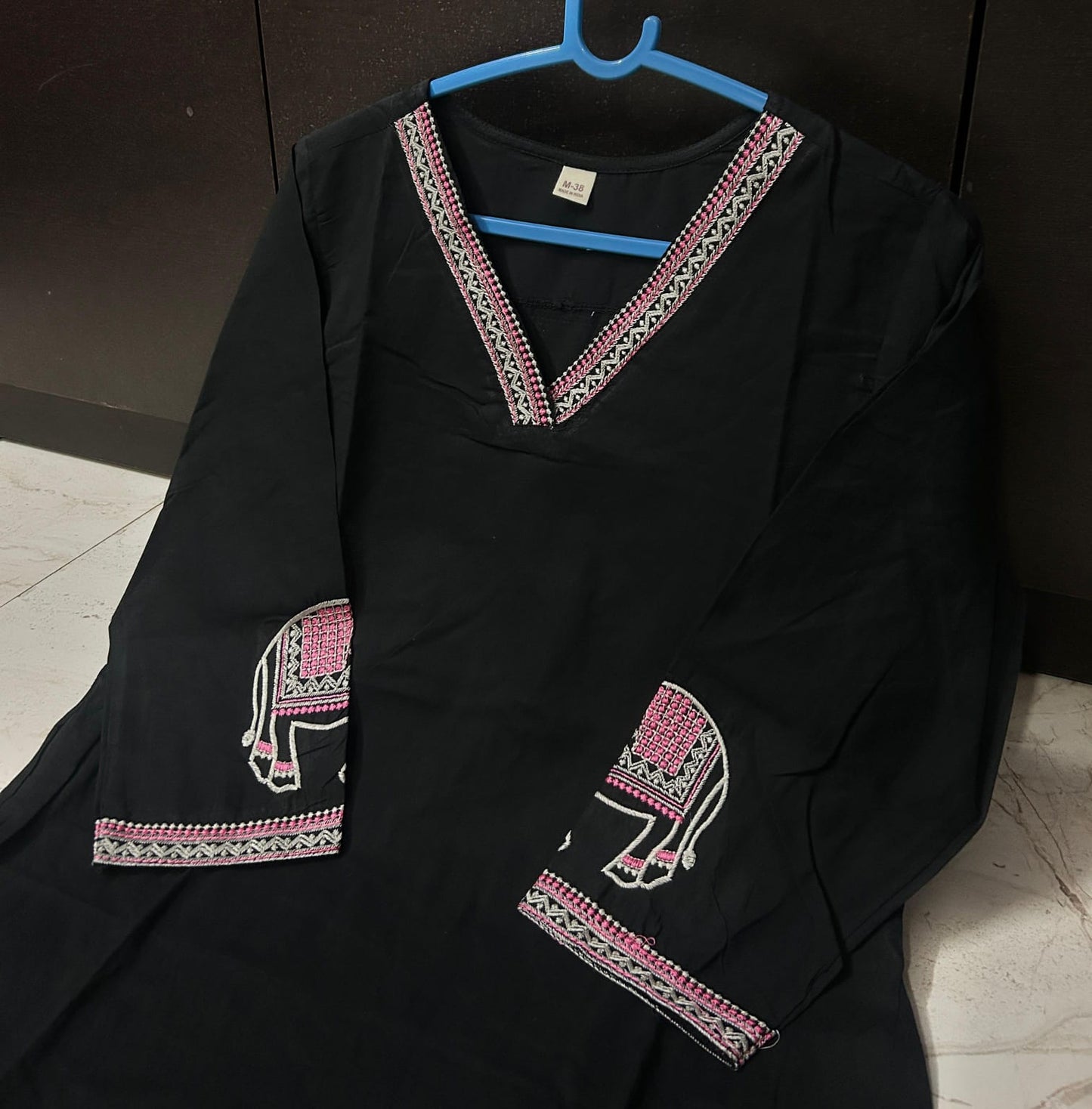 Black Cotton Embroidered Kurta Suit with Animal Print