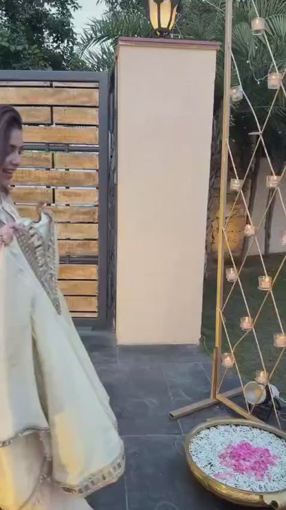 Designer Blooming Silk Kurti Sharara Set with Real Mirror Embroidery & Lace Dupatta